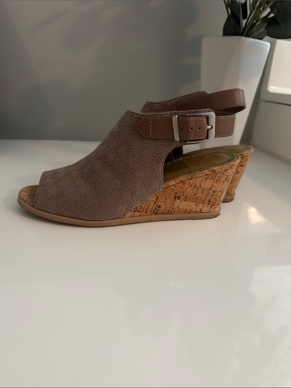 Dolce Vita Taupe Perforated Wedge Sandals with Cork Heel